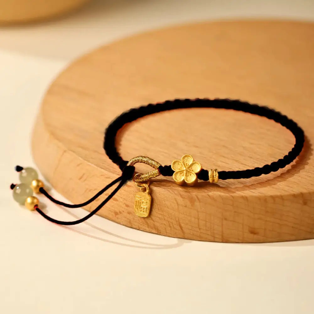 Buddha Stones Hetian Jade Small Peach Blossom Fu Character Charm Luck String Bracelet - BWOOOH - Black Rope(Wrist