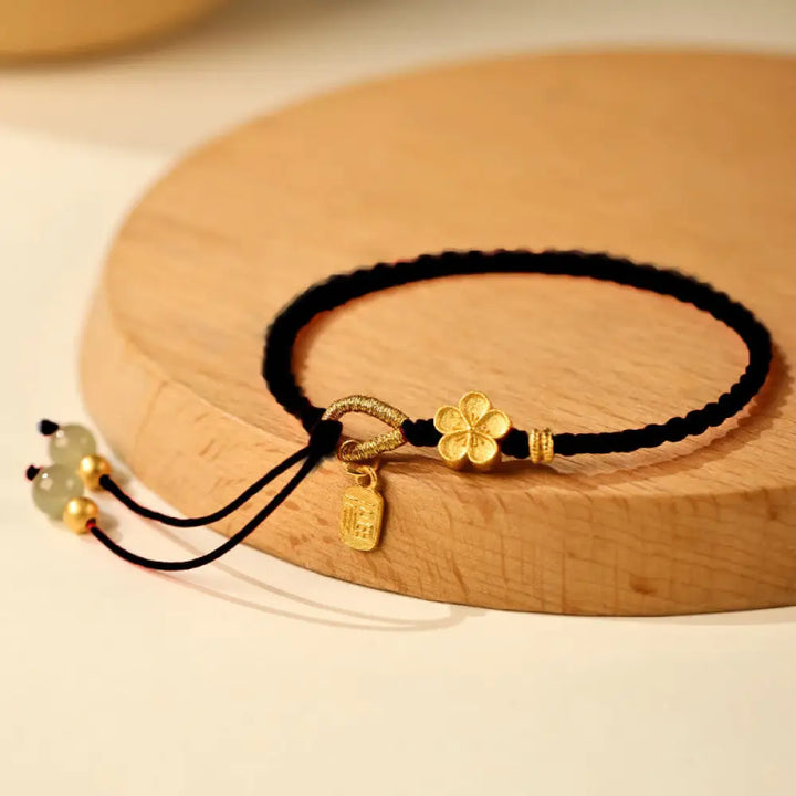 Buddha Stones Hetian Jade Small Peach Blossom Fu Character Charm Luck String Bracelet - BWOOOH - Black Rope(Wrist