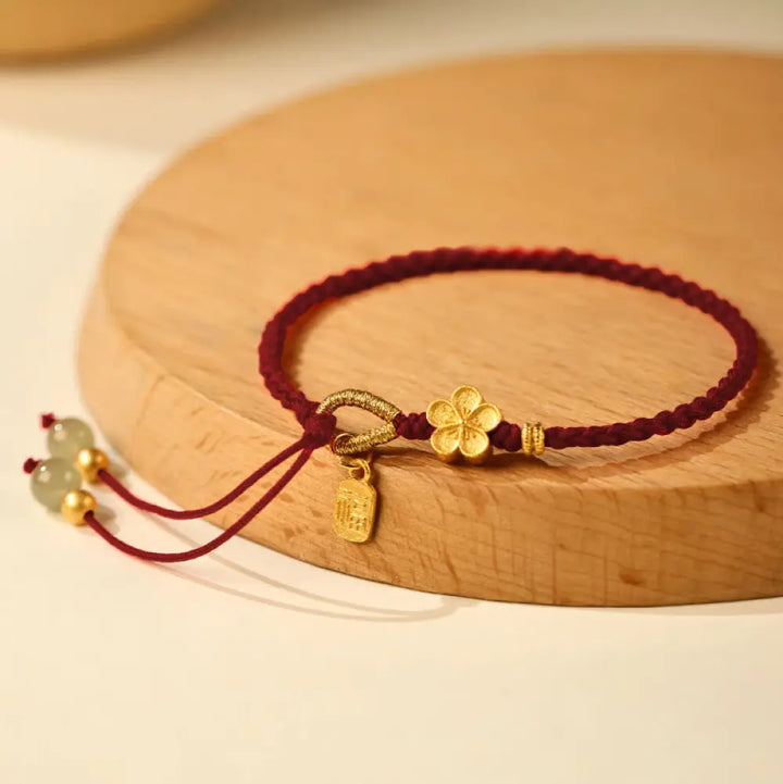 Buddha Stones Hetian Jade Small Peach Blossom Fu Character Charm Luck String Bracelet - BWOOOH - Dark Red Rope(Wrist