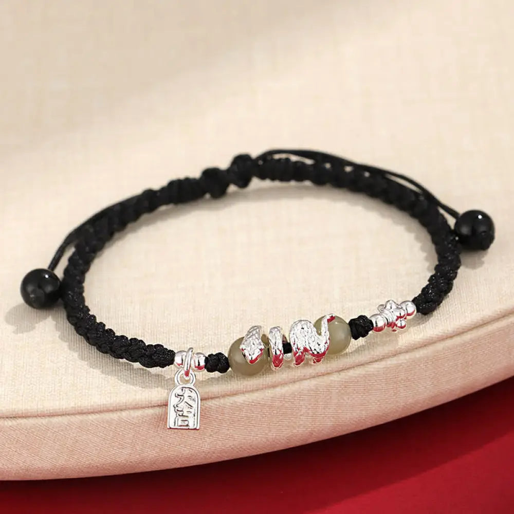 Buddha Stones Hetian Jade Year of the Snake String Protection Braided Bracelet - BWOOOH - Black Rope(Wrist