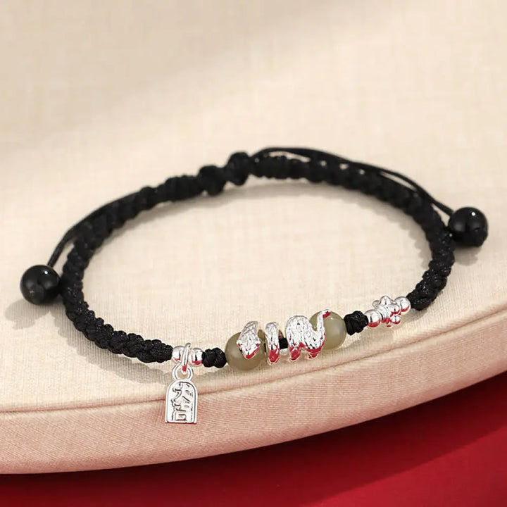 Buddha Stones Hetian Jade Year of the Snake String Protection Braided Bracelet - BWOOOH - Black Rope(Wrist