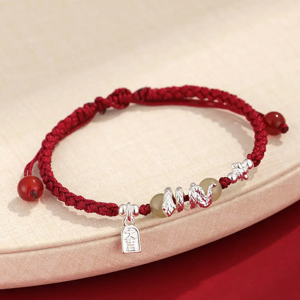 BWOOOH Hetian Jade Year of the Snake String Protection Braided Bracelet - BWOOOH - Dark Red Rope(Wrist