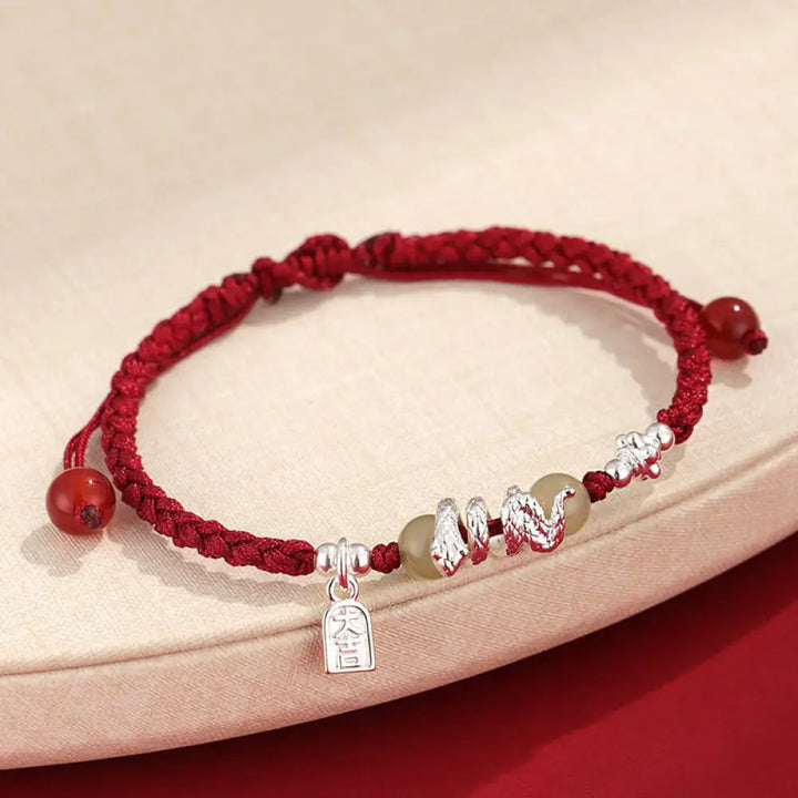 BWOOOH Hetian Jade Year of the Snake String Protection Braided Bracelet - BWOOOH - Dark Red Rope(Wrist
