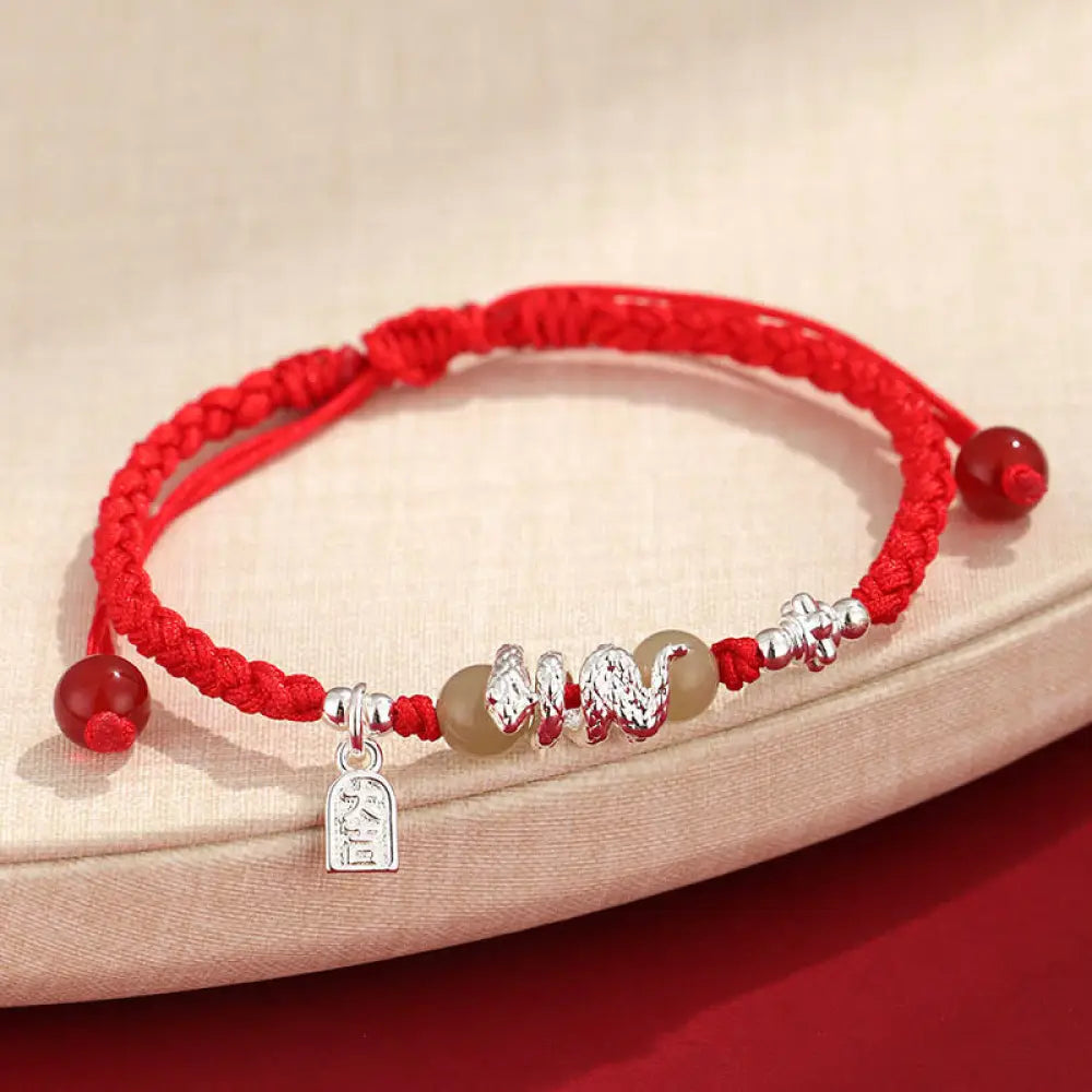 Buddha Stones Hetian Jade Year of the Snake String Protection Braided Bracelet - BWOOOH - Red Rope(Wrist Circumference: