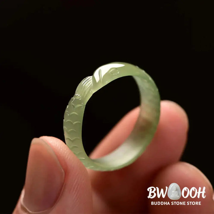 Buddha Stones Hetian White Jade Cyan Jade Koi Fish Success Luck Ring - BWOOOH - Ring