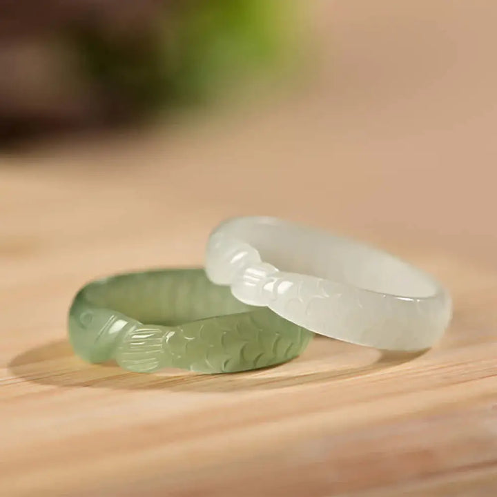 BWOOOH Hetian White Jade Cyan Jade Koi Fish Success Luck Ring — White Jade jade bracelet for spiritual healing and mindful...