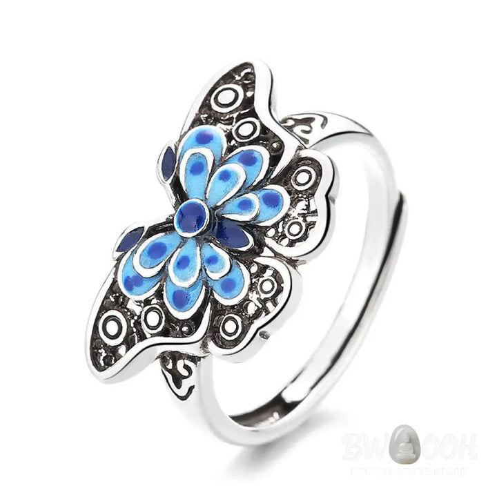 Buddha Stones Hollow Enamel Blue Butterfly Pattern Love Ring - BWOOOH - Blue Butterfly(Adjustable) - Ring