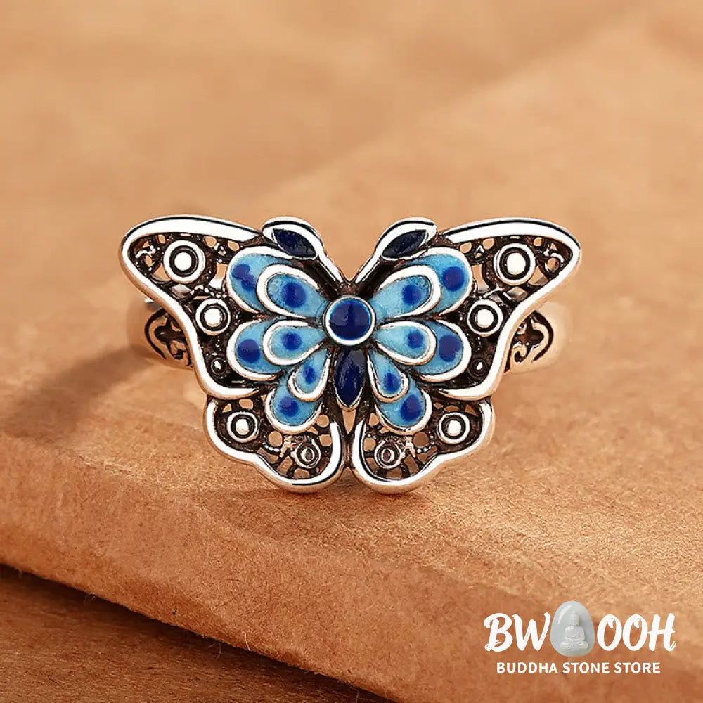 Buddha Stones Hollow Enamel Blue Butterfly Pattern Love Ring - BWOOOH - Blue Butterfly(Adjustable) - Ring
