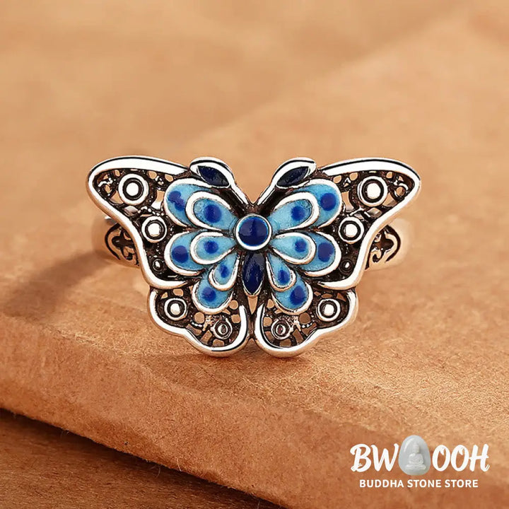 Buddha Stones Hollow Enamel Blue Butterfly Pattern Love Ring - BWOOOH - Blue Butterfly(Adjustable) - Ring