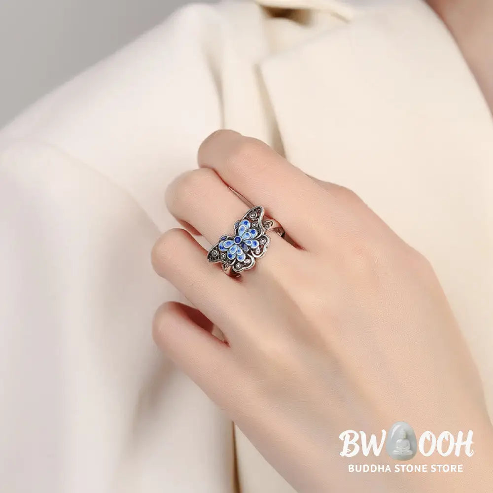 Buddha Stones Hollow Enamel Blue Butterfly Pattern Love Ring - BWOOOH - Blue Butterfly(Adjustable) - Ring