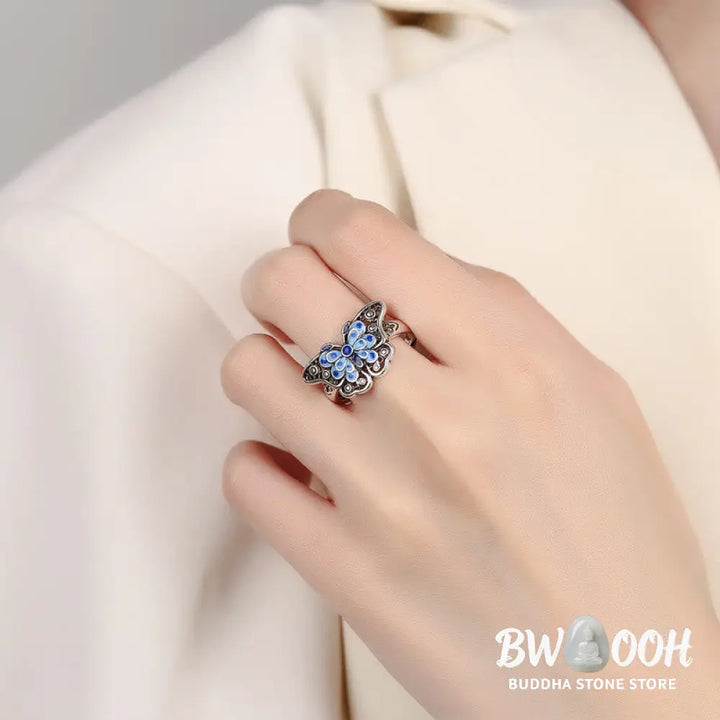 Buddha Stones Hollow Enamel Blue Butterfly Pattern Love Ring - BWOOOH - Blue Butterfly(Adjustable) - Ring