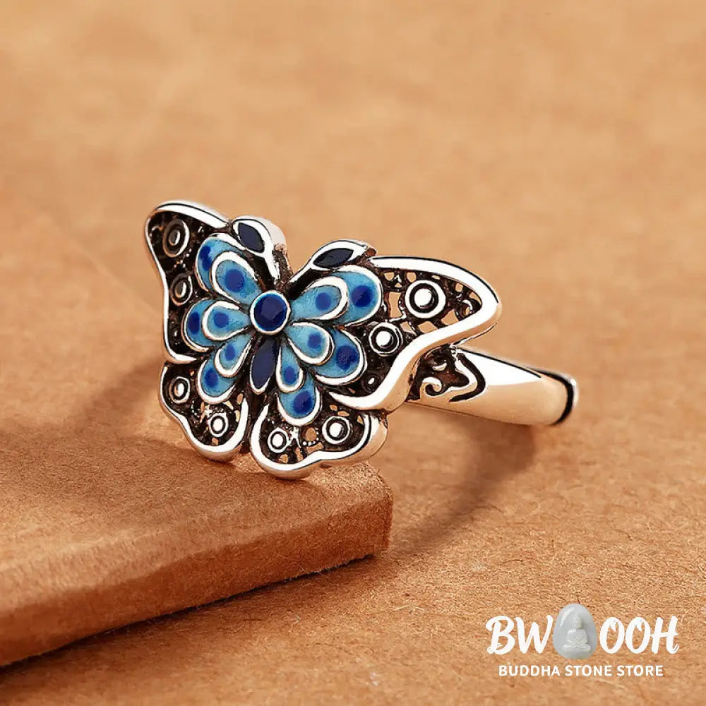 Buddha Stones Hollow Enamel Blue Butterfly Pattern Love Ring - BWOOOH - Blue Butterfly(Adjustable) - Ring