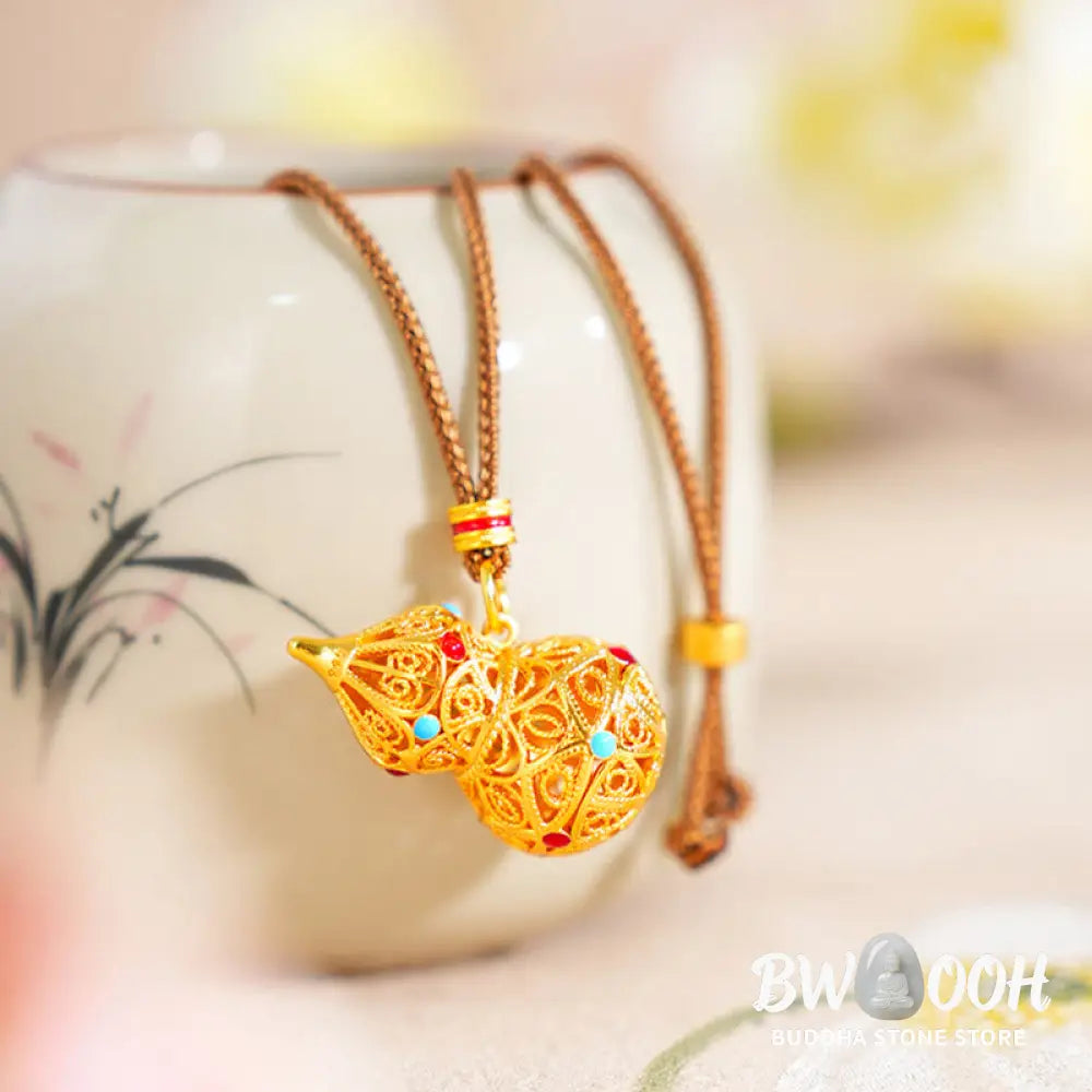 Buddha Stones Hollow Gourd Design 24k Gold Plated Brass Rope Necklace Pendant - BWOOOH - Gourd - Necklaces &amp; Pendants