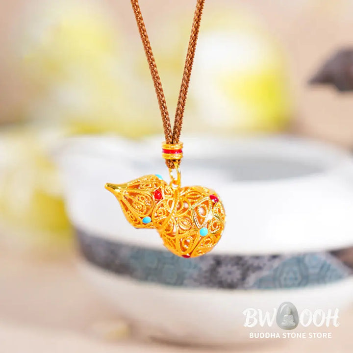 Buddha Stones Hollow Gourd Design 24k Gold Plated Brass Rope Necklace Pendant - BWOOOH - Gourd - Necklaces &amp; Pendants
