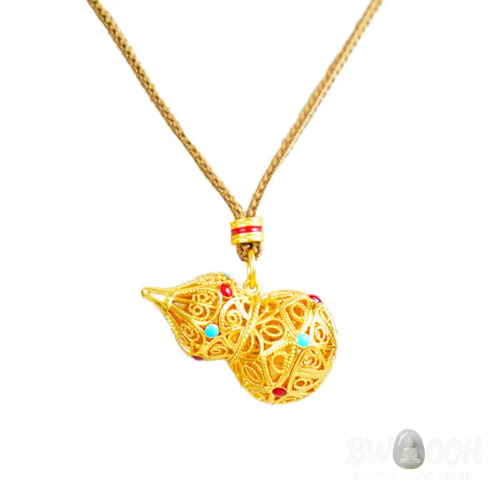 Buddha Stones Hollow Gourd Design 24k Gold Plated Brass Rope Necklace Pendant - BWOOOH - Gourd - Necklaces &amp; Pendants