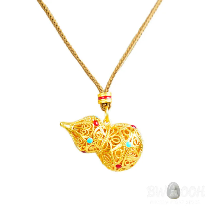 Buddha Stones Hollow Gourd Design 24k Gold Plated Brass Rope Necklace Pendant - BWOOOH - Gourd - Necklaces &amp; Pendants