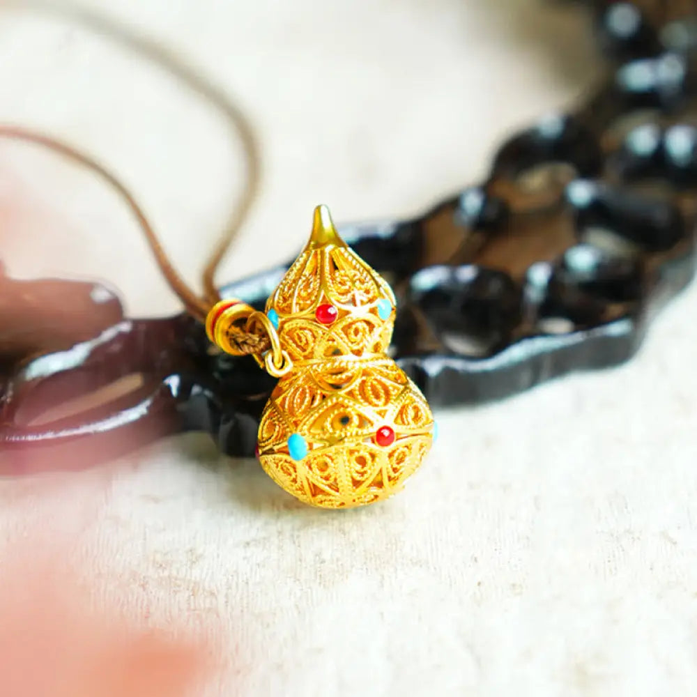 Buddha Stones Hollow Gourd Design 24k Gold Plated Brass Rope Necklace Pendant - BWOOOH - Gourd - Necklaces & Pendants