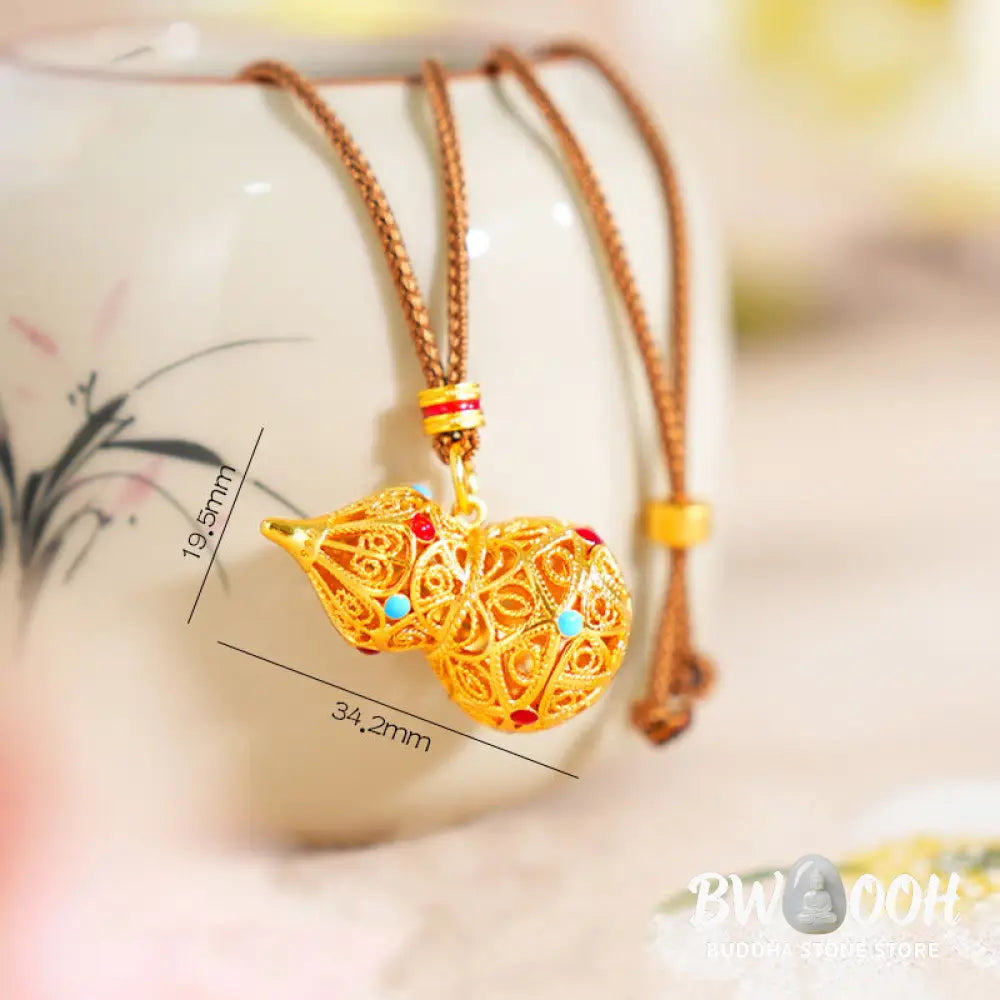 Buddha Stones Hollow Gourd Design 24k Gold Plated Brass Rope Necklace Pendant - BWOOOH - Gourd - Necklaces &amp; Pendants