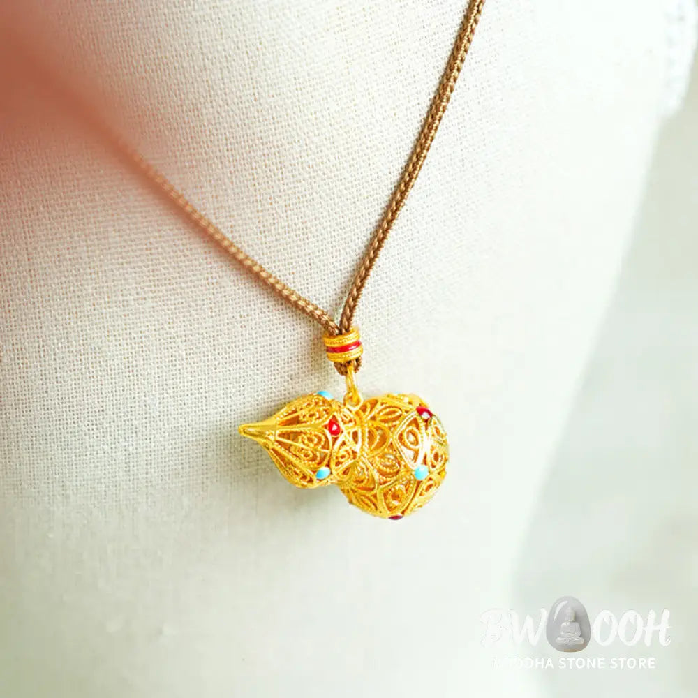 Buddha Stones Hollow Gourd Design 24k Gold Plated Brass Rope Necklace Pendant - BWOOOH - Gourd - Necklaces &amp; Pendants