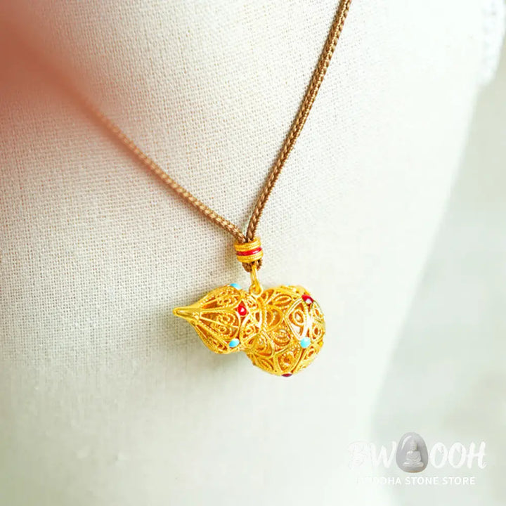 Buddha Stones Hollow Gourd Design 24k Gold Plated Brass Rope Necklace Pendant - BWOOOH - Gourd - Necklaces &amp; Pendants