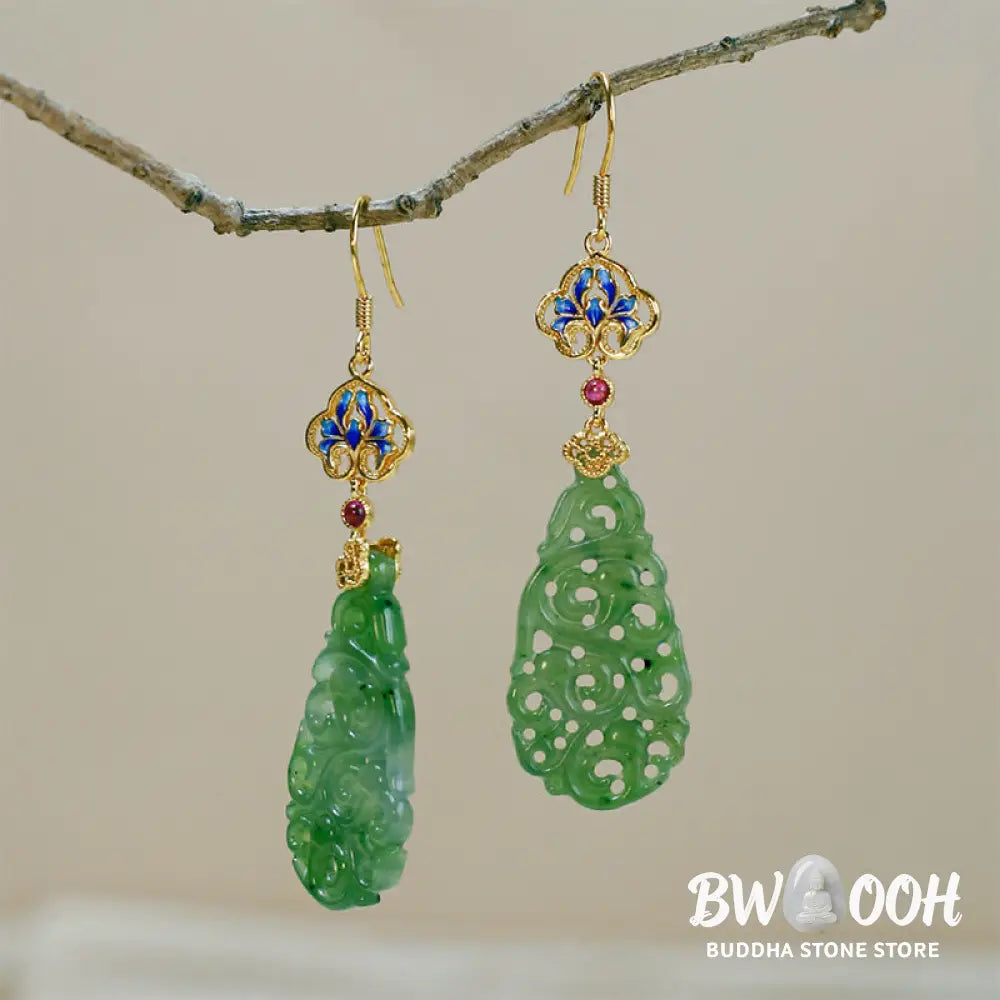 Buddha Stones Hollow Hetian Jade Enamel 925 Sterling Silver Prosperity Earrings - Hetian Jade &amp; Silver Posts - Earrings