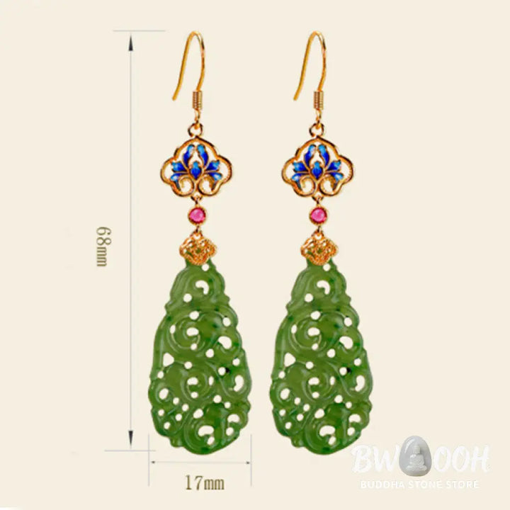 Buddha Stones Hollow Hetian Jade Enamel 925 Sterling Silver Prosperity Earrings - Hetian Jade &amp; Silver Posts - Earrings