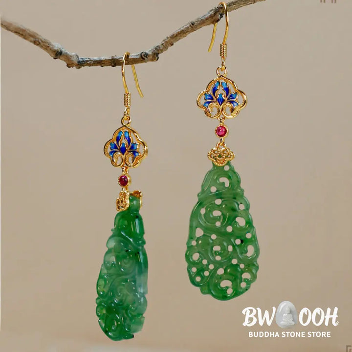 Buddha Stones Hollow Hetian Jade Enamel 925 Sterling Silver Prosperity Earrings - Hetian Jade &amp; Silver Posts - Earrings