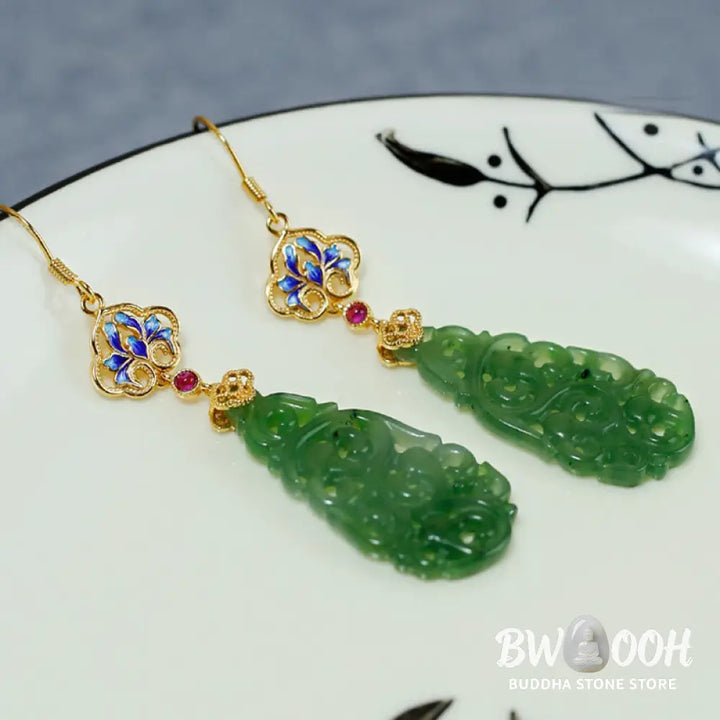 Buddha Stones Hollow Hetian Jade Enamel 925 Sterling Silver Prosperity Earrings - Hetian Jade &amp; Silver Posts - Earrings