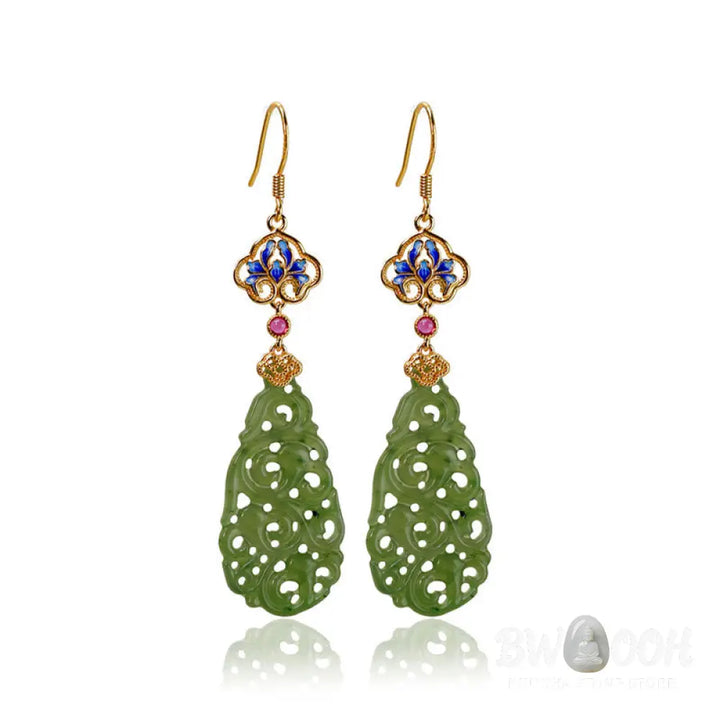 Buddha Stones Hollow Hetian Jade Enamel 925 Sterling Silver Prosperity Earrings - Hetian Jade &amp; Silver Posts - Earrings