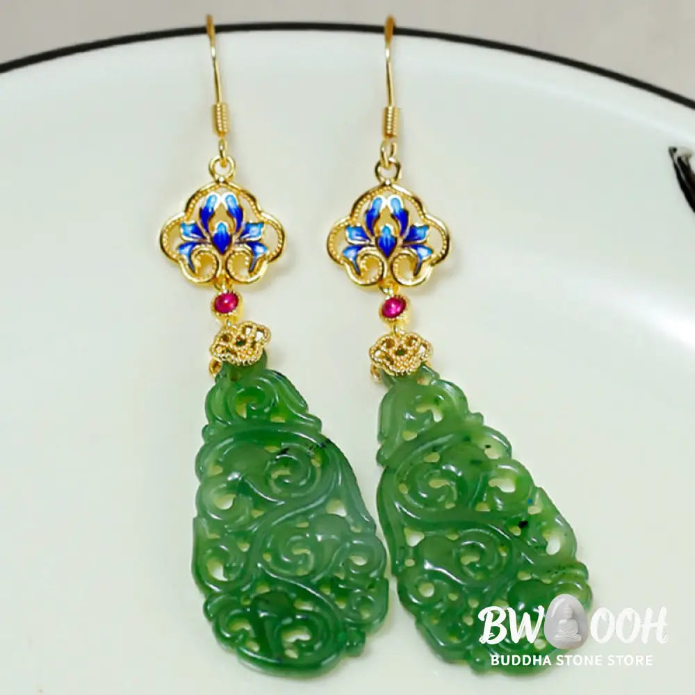 Buddha Stones Hollow Hetian Jade Enamel 925 Sterling Silver Prosperity Earrings - Hetian Jade &amp; Silver Posts - Earrings