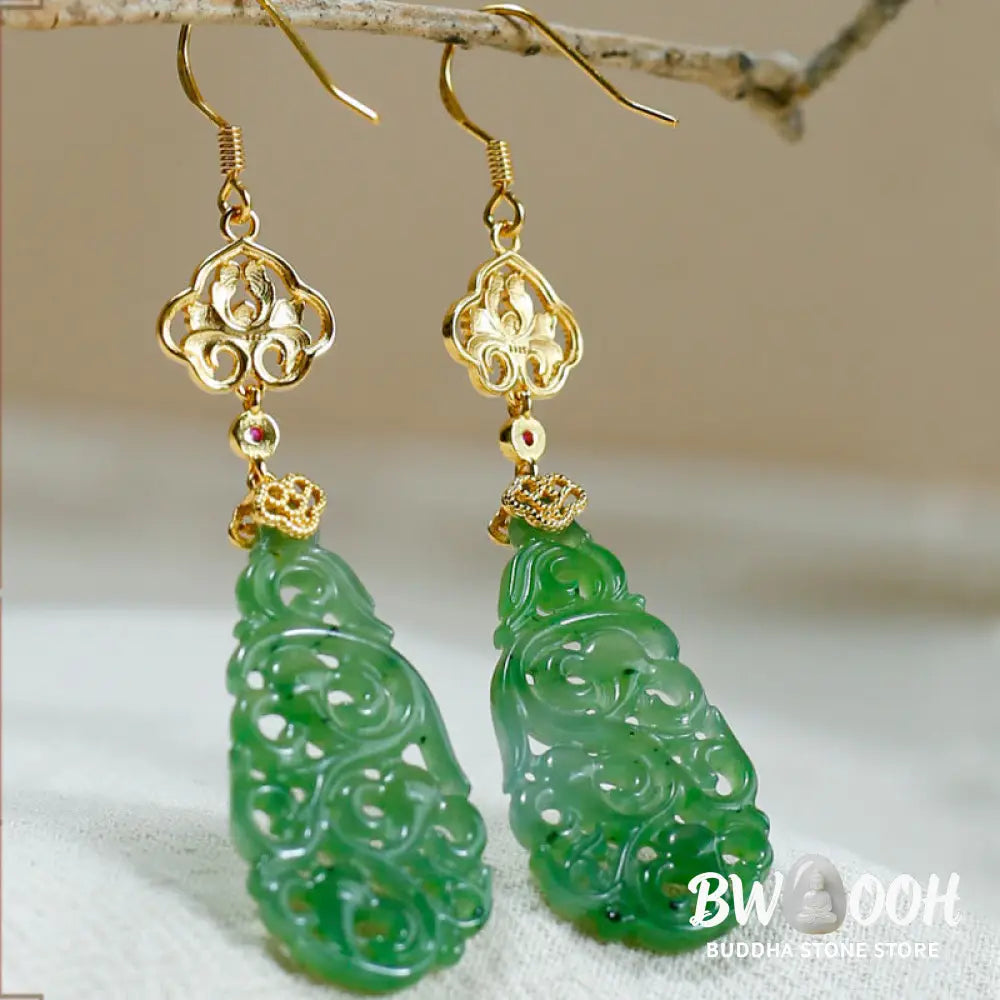 Buddha Stones Hollow Hetian Jade Enamel 925 Sterling Silver Prosperity Earrings - Hetian Jade & Silver Posts - Earrings