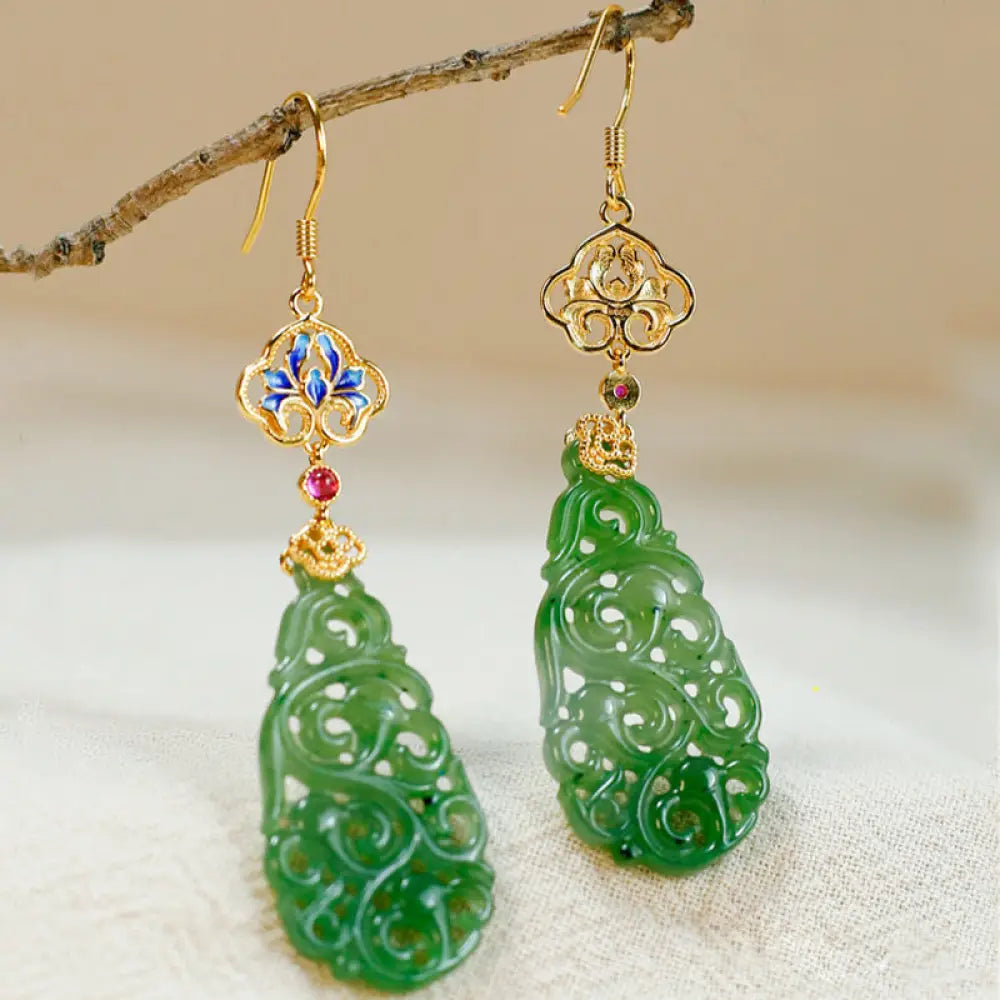 BWOOOH Hollow Hetian Jade Enamel 925 Sterling Silver Prosperity Earrings — Jade jade bracelet for spiritual healing and mi...