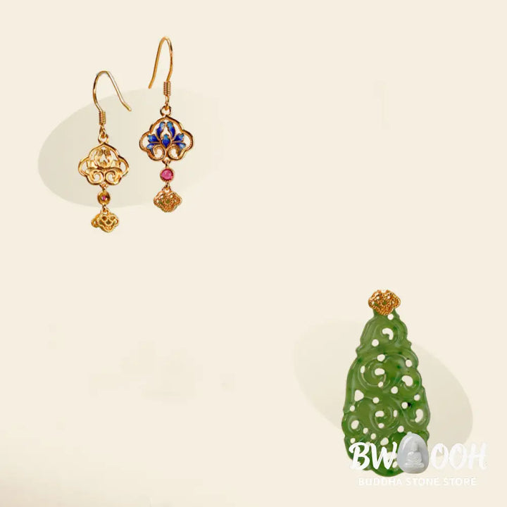 Buddha Stones Hollow Hetian Jade Enamel 925 Sterling Silver Prosperity Earrings - Hetian Jade &amp; Silver Posts - Earrings