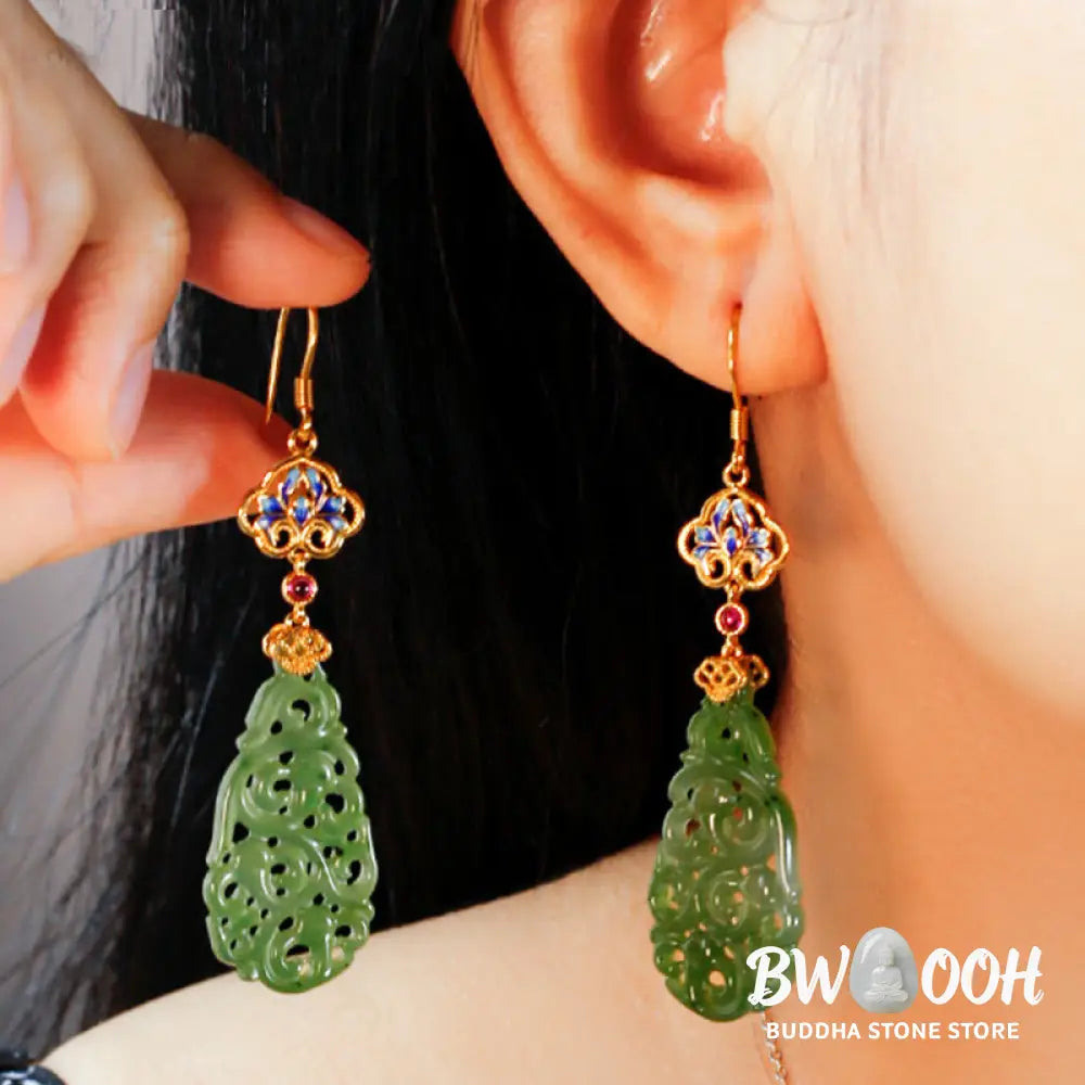 Buddha Stones Hollow Hetian Jade Enamel 925 Sterling Silver Prosperity Earrings - Hetian Jade &amp; Silver Posts - Earrings
