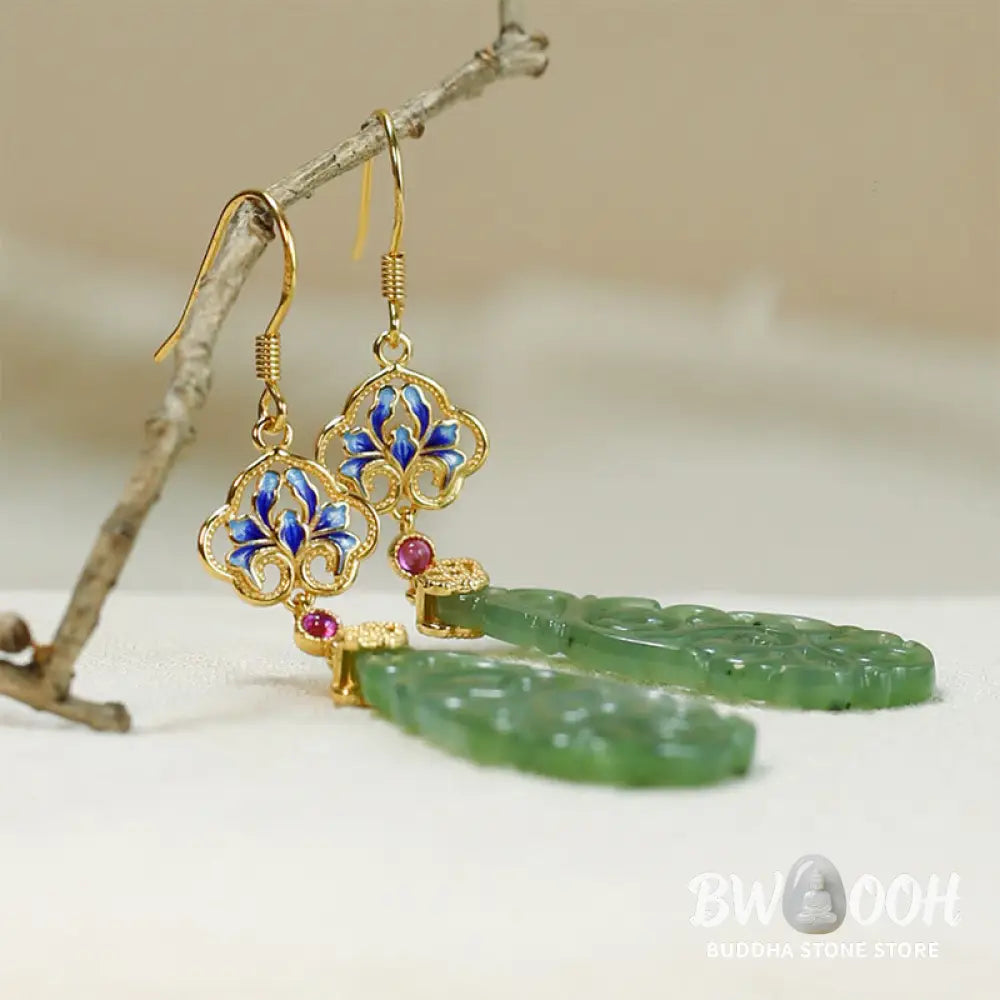Buddha Stones Hollow Hetian Jade Enamel 925 Sterling Silver Prosperity Earrings - Hetian Jade &amp; Silver Posts - Earrings