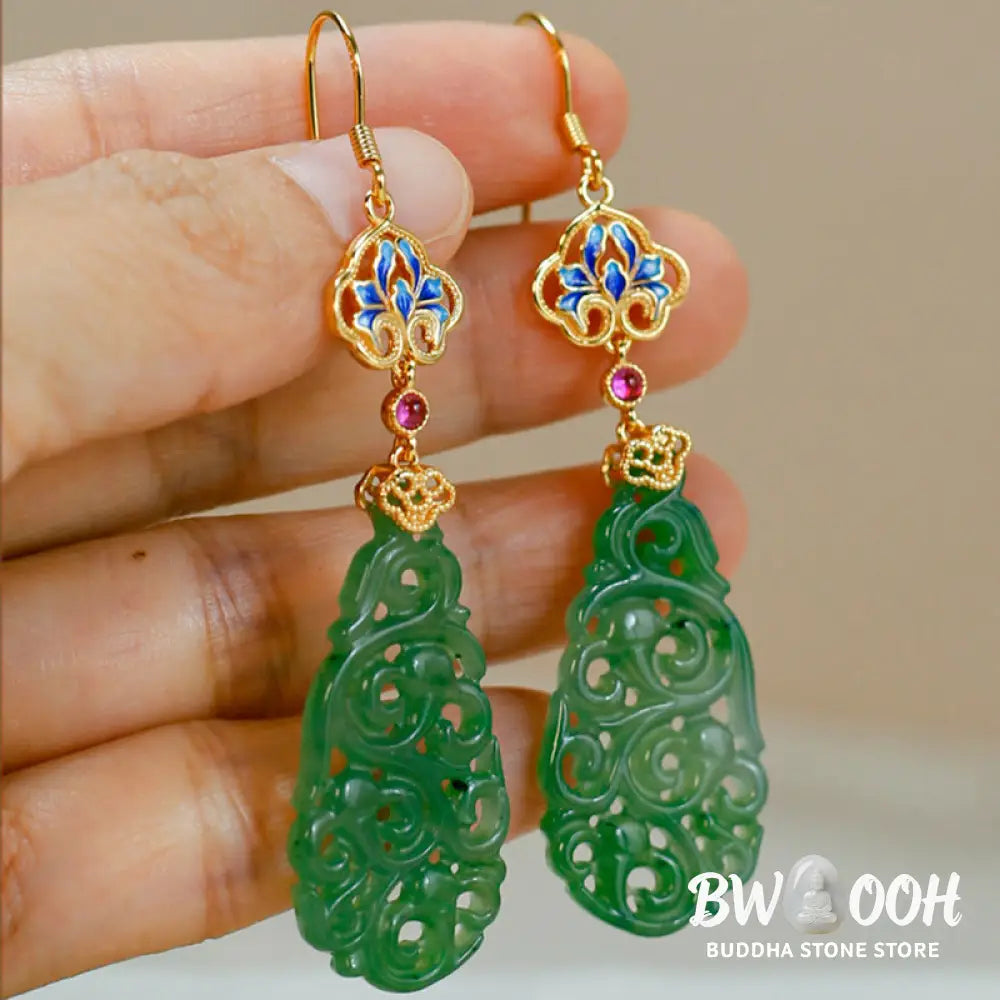 Buddha Stones Hollow Hetian Jade Enamel 925 Sterling Silver Prosperity Earrings - Hetian Jade &amp; Silver Posts - Earrings