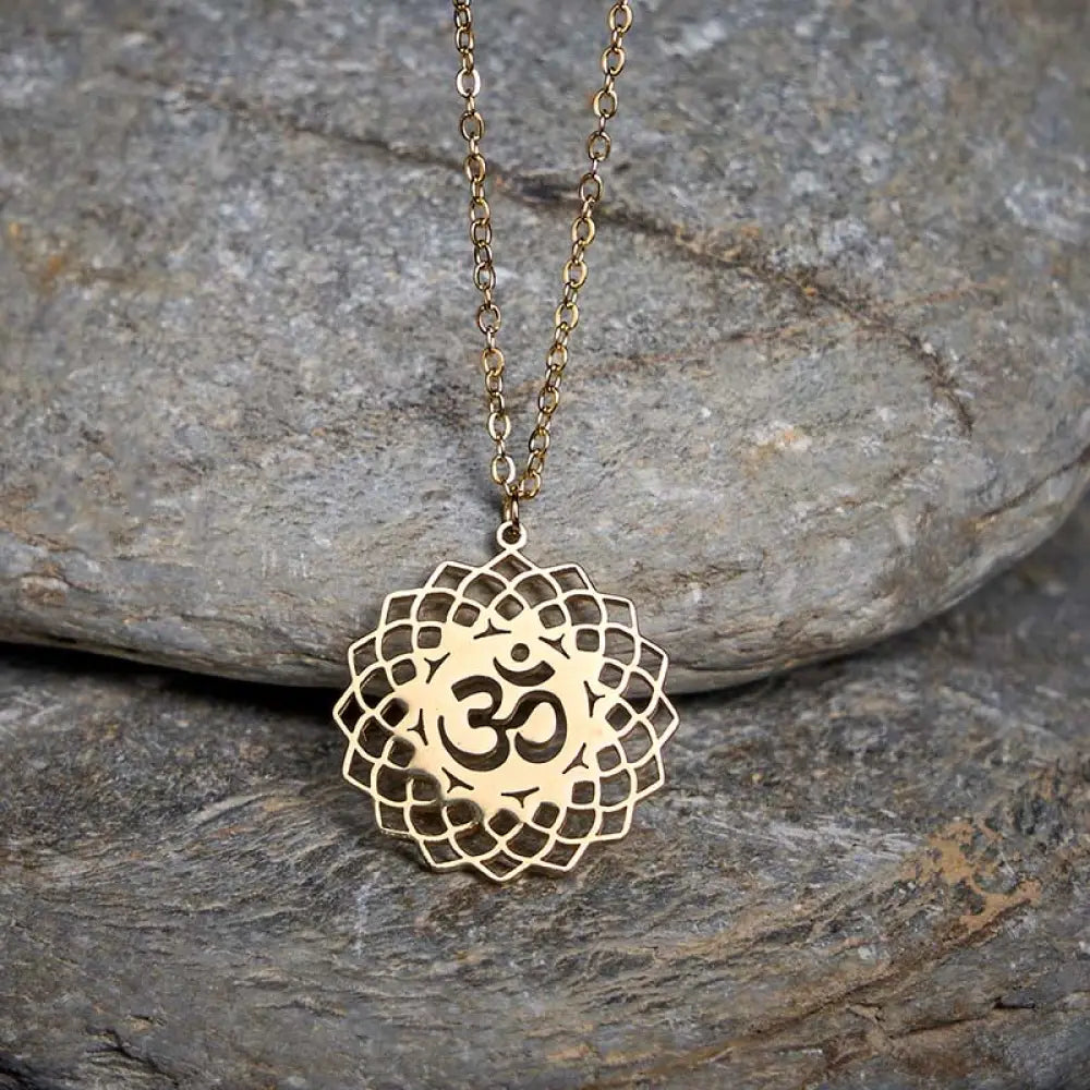 Buddha Stones Hollow Lotus Design Om Symbol Stainless Steel Connection Necklace Pendant - BWOOOH - Gold - Necklaces &