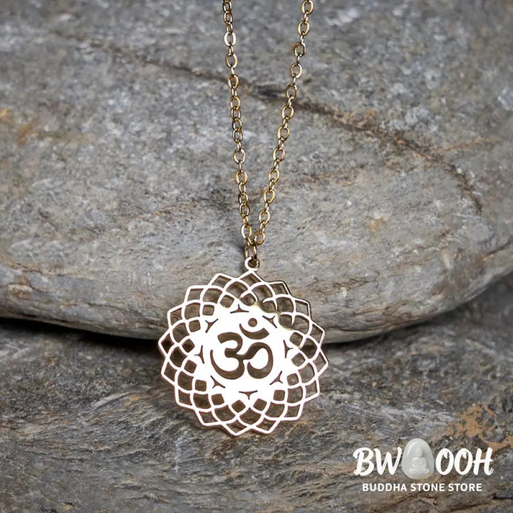 Buddha Stones Hollow Lotus Design Om Symbol Stainless Steel Connection Necklace Pendant - BWOOOH - Necklaces &amp; Pendants