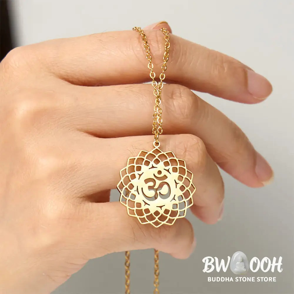 Buddha Stones Hollow Lotus Design Om Symbol Stainless Steel Connection Necklace Pendant - BWOOOH - Necklaces &amp; Pendants