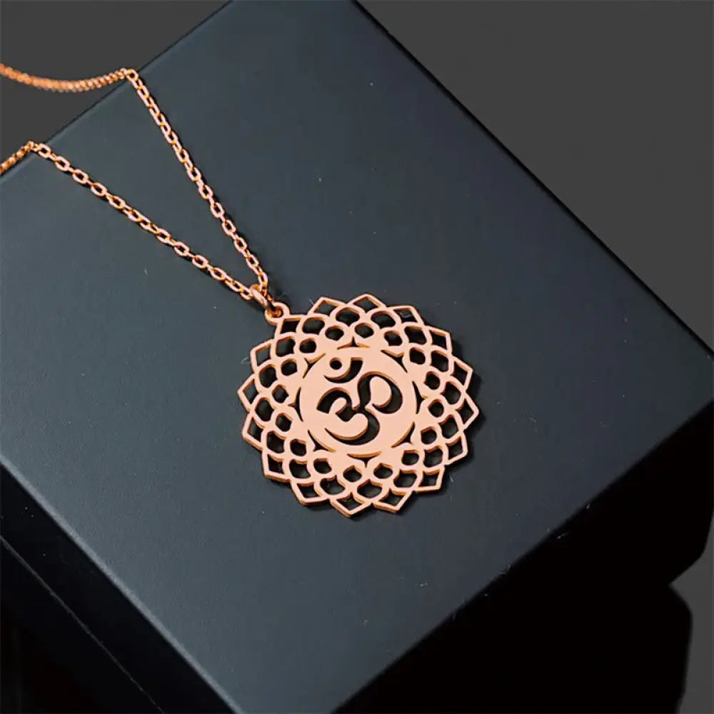 Buddha Stones Hollow Lotus Design Om Symbol Stainless Steel Connection Necklace Pendant - BWOOOH - Rose Gold