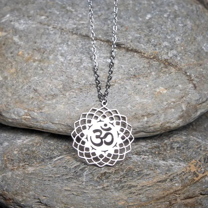 Buddha Stones Hollow Lotus Design Om Symbol Stainless Steel Connection Necklace Pendant - BWOOOH - Silver - Necklaces &amp;