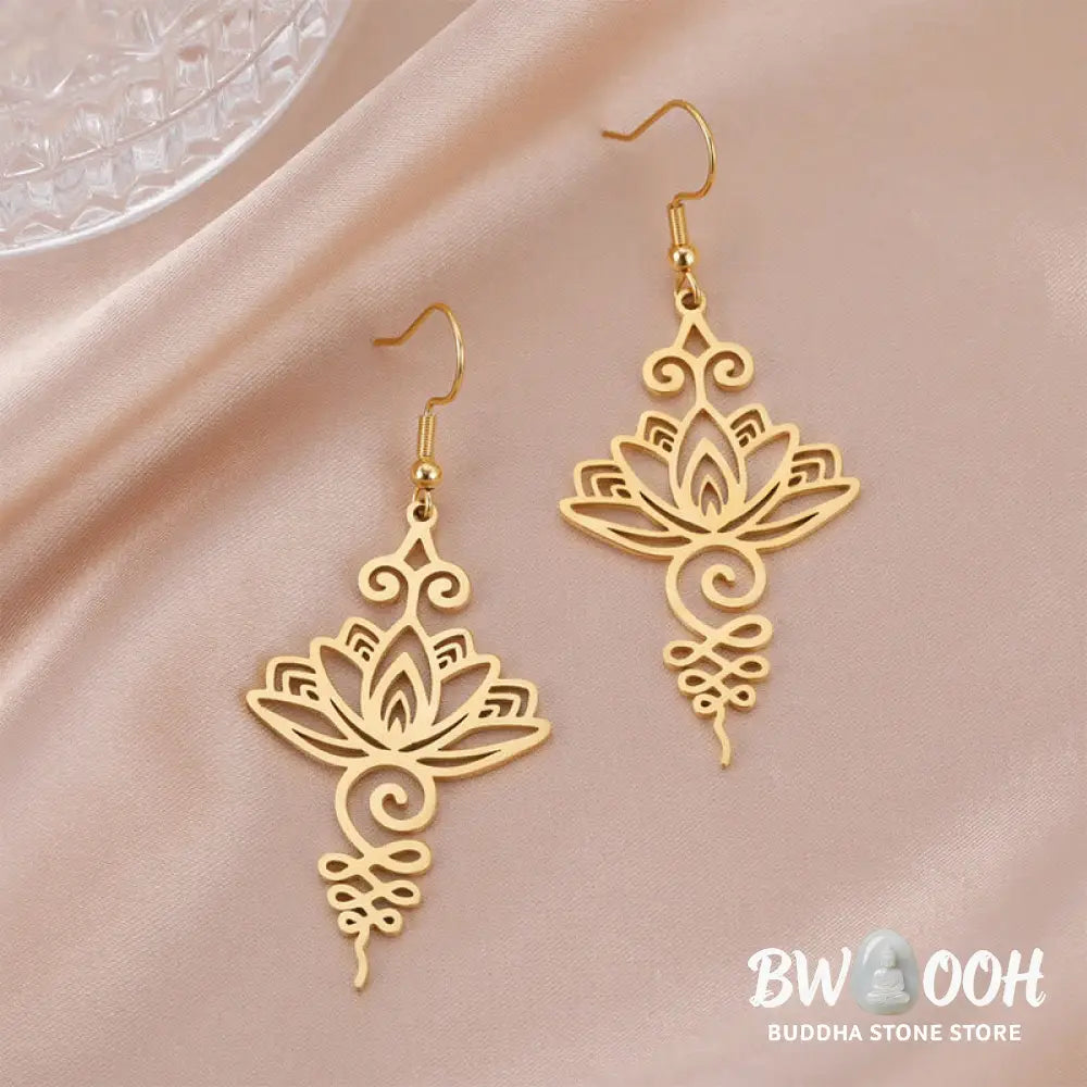 Buddha Stones Hollow Lotus Flower Stainless Steel Enlightenment Metal Drop Earrings - Earrings