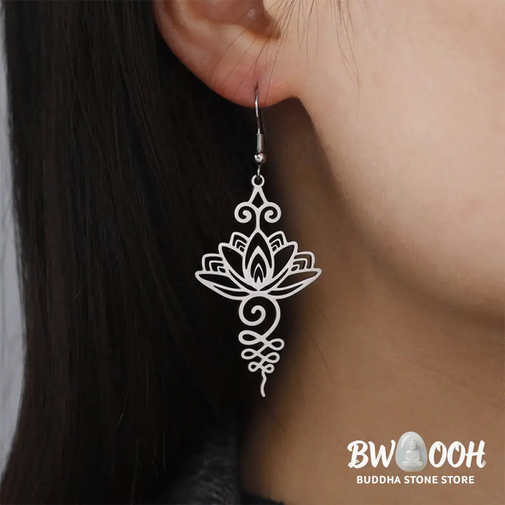 Buddha Stones Hollow Lotus Flower Stainless Steel Enlightenment Metal Drop Earrings - Earrings