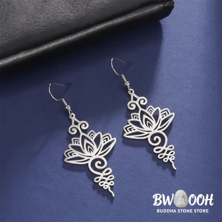 Buddha Stones Hollow Lotus Flower Stainless Steel Enlightenment Metal Drop Earrings - Earrings