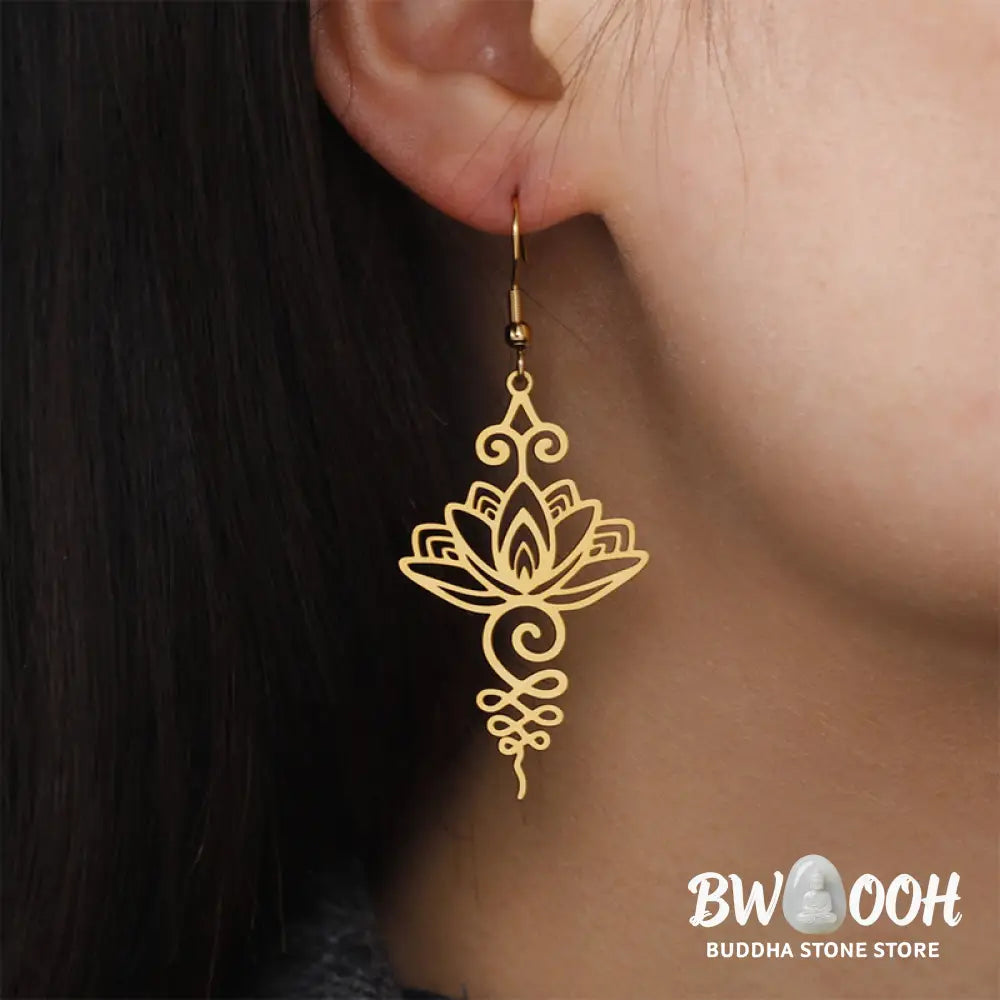 Buddha Stones Hollow Lotus Flower Stainless Steel Enlightenment Metal Drop Earrings - Earrings