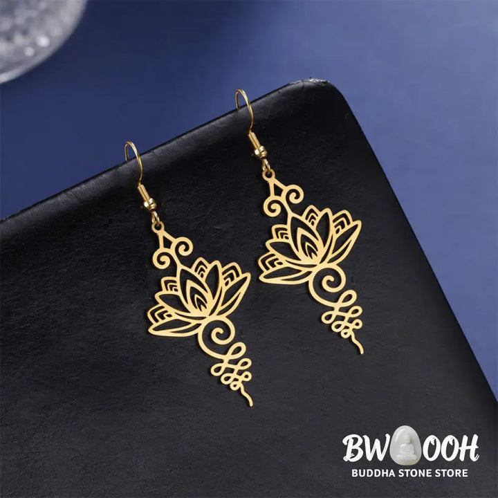Buddha Stones Hollow Lotus Flower Stainless Steel Enlightenment Metal Drop Earrings - Earrings