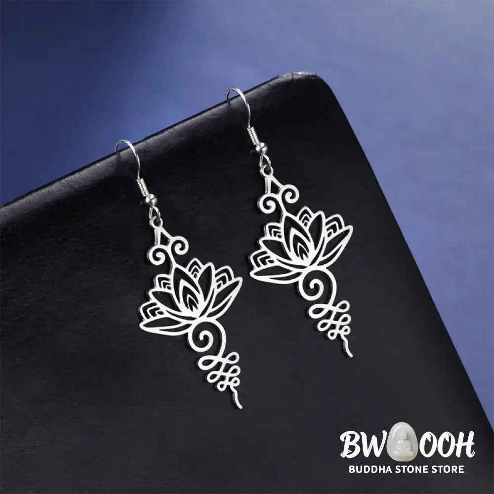 Buddha Stones Hollow Lotus Flower Stainless Steel Enlightenment Metal Drop Earrings - Earrings