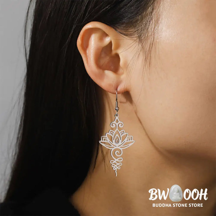 Buddha Stones Hollow Lotus Flower Stainless Steel Enlightenment Metal Drop Earrings - Earrings