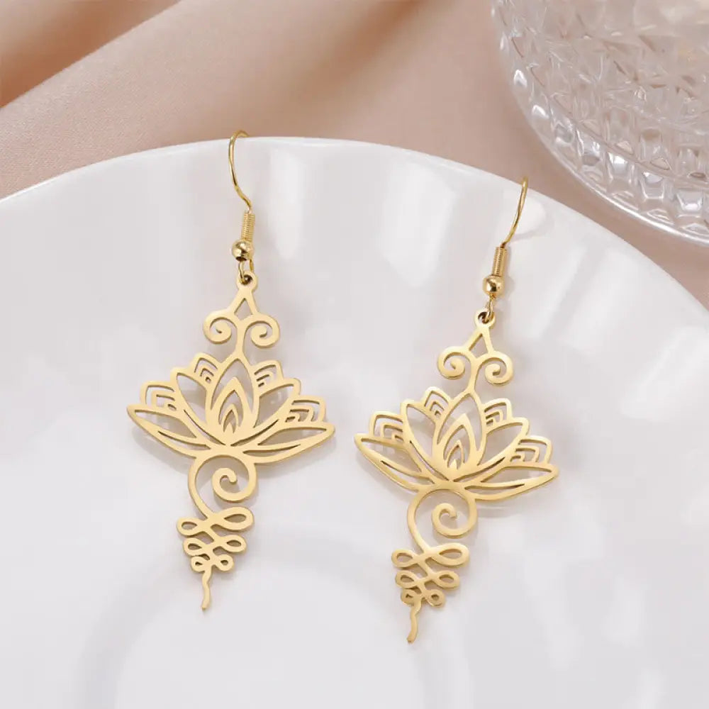 Buddha Stones Hollow Lotus Flower Stainless Steel Enlightenment Metal Drop Earrings - Gold - Earrings