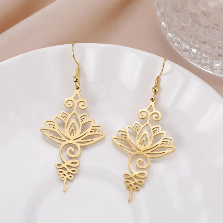 Buddha Stones Hollow Lotus Flower Stainless Steel Enlightenment Metal Drop Earrings - Gold - Earrings